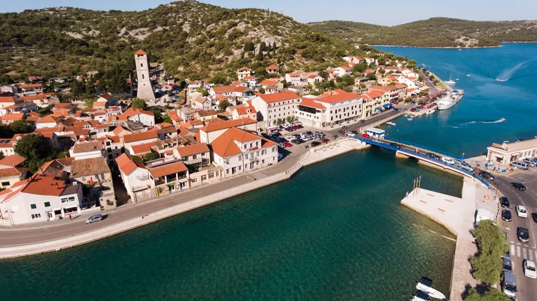 Aerial view of Tisno harbor, Croatia
